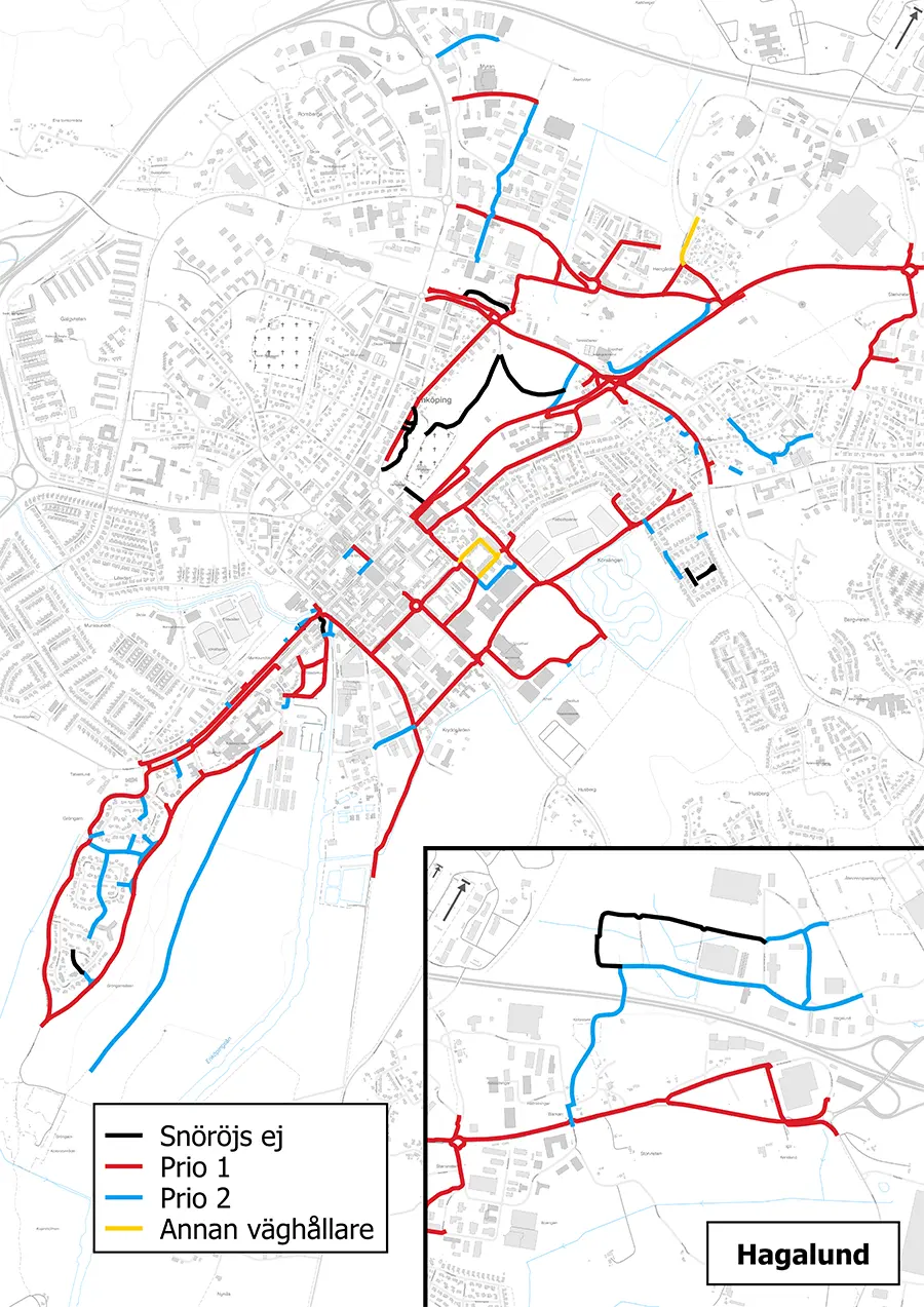 Karta som visar vilka cykelvägar som snöröjs först i mellersta Enköping. 
