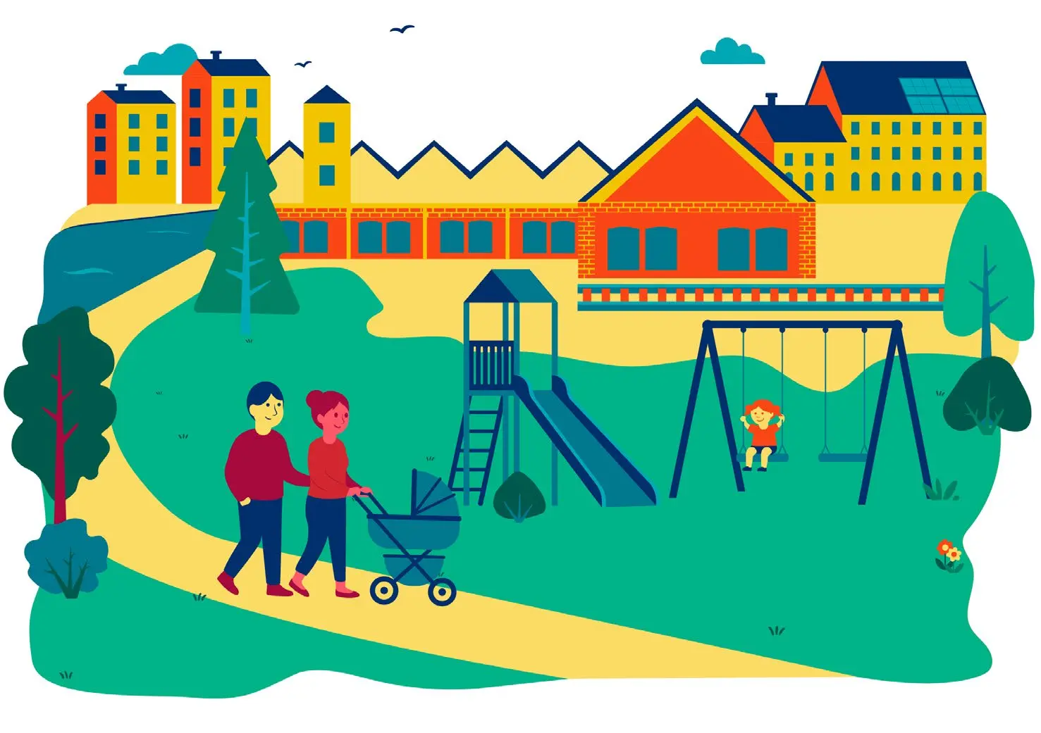 Illustration över byggnader, gräsytor och vatten.