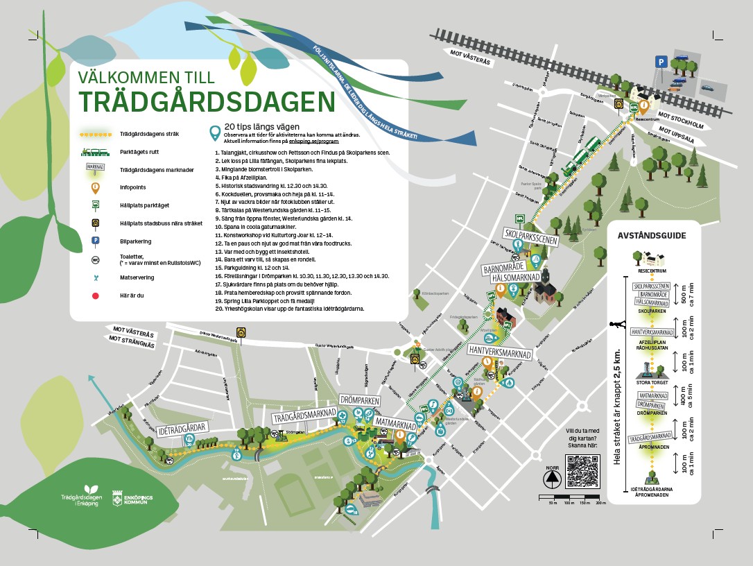Karta som visar stråket för Trädgårdsdagen i Enköping. 