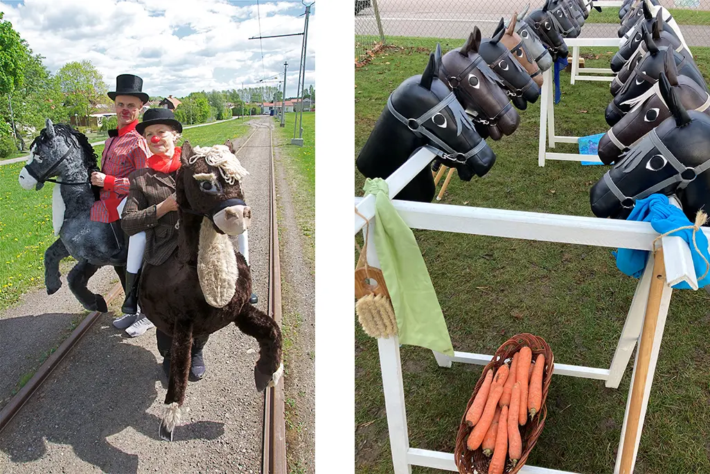 Två personer poserar på käpphästar. Käpphästar på rad. Fotokollage.