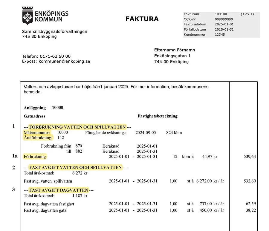 Bild exempel på va-faktura. Se beskrivning efter bilden.