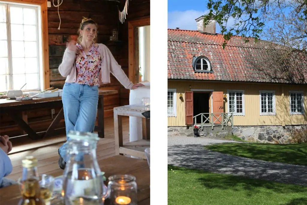 Foto på en kvinna som står och pratar och ett gult hus.